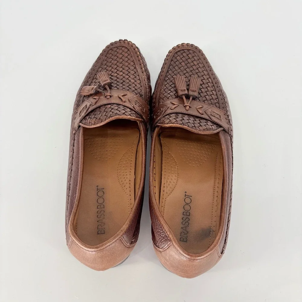 Brass Boot Brown Leather Loafers Men Size 11 M Woven Interlocking Tassel Slip On